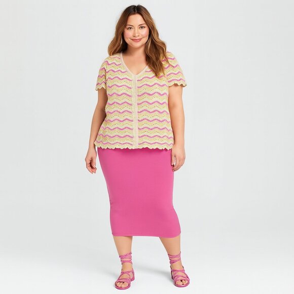 Torrid Women's Sz 6 Crochet Loose Knit Flutter Sleeve Zigzag Top Pink White EUC - Picture 1 of 16